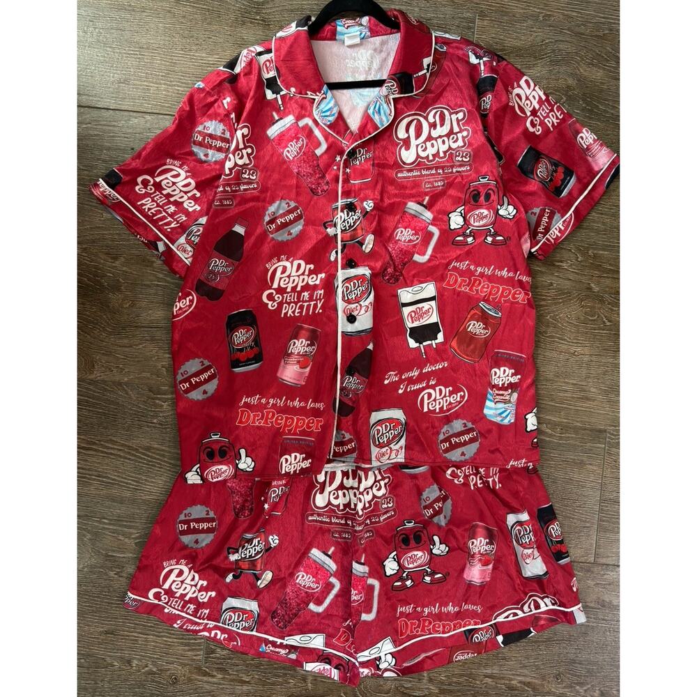 Dr. Pepper Satin Silky Pajama Shorts Set Women’s 3XL XXXL Red Elastic Waist